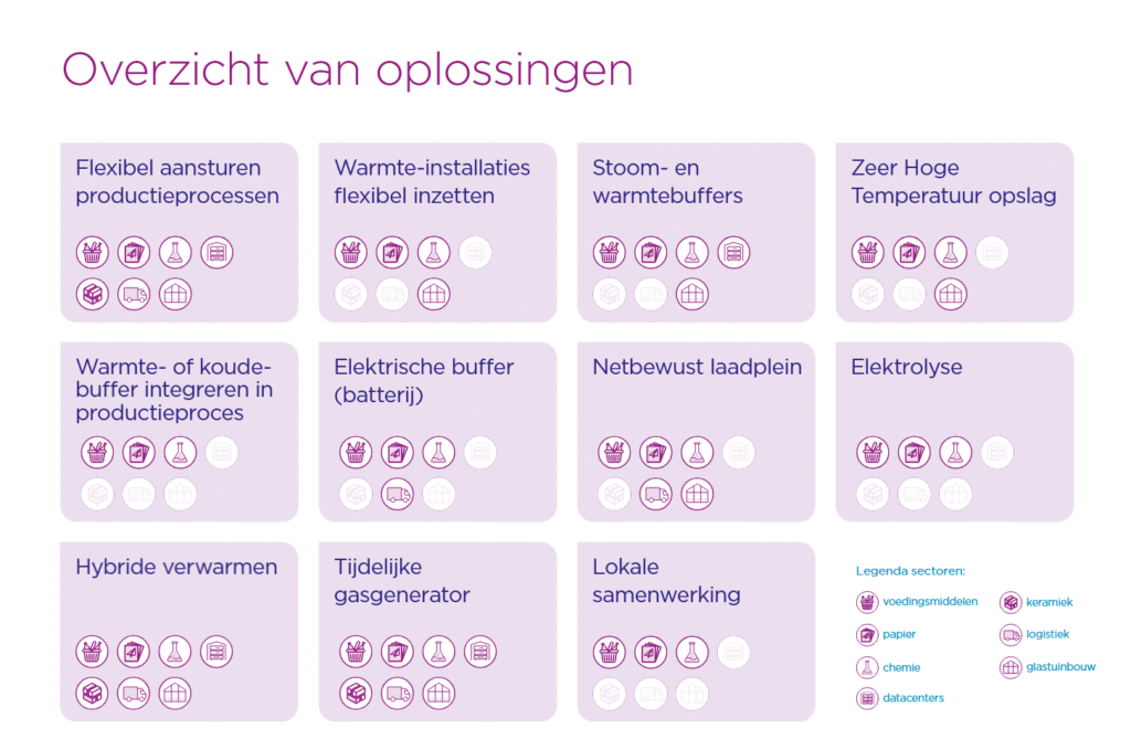 Overzicht van elf oplossingen voor flexibiliteit in energiegebruik, weergegeven in paarse vakken. Elk vak toont iconen die aangeven welke sectoren relevant zijn voor die oplossing. De pictogrammen zijn van de volgende sectoren: voedingsmiddelen, papier, chemie, datacenters, keramiek, logistiek en glastuinbouw. 