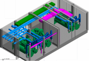 3D-impressie van het conceptuele ontwerp van de nieuwe duurzame koelinstallatie voor VU en Amsterdam UMC, met een overzicht van de geplande technische componenten en ruimtelijke indeling.